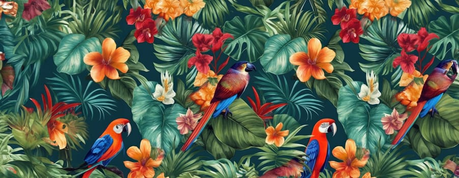 Tropical exotic pattern with animal and flowers in bright colors and lush vegetation. Ai Generative