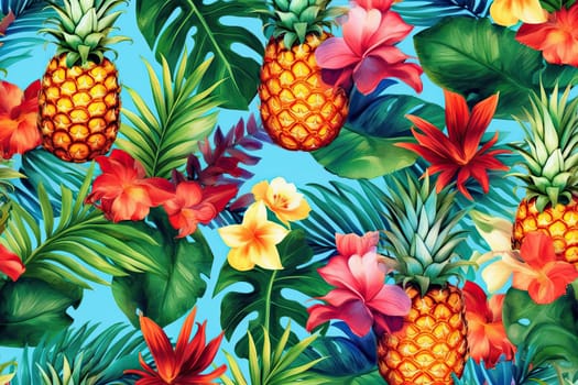 Tropical exotic pattern with animal and flowers in bright colors and lush vegetation. Ai Generative