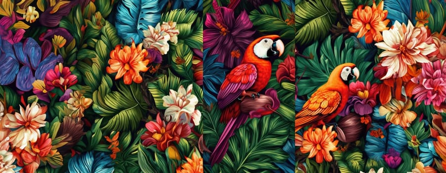 Tropical exotic pattern with animal and flowers in bright colors and lush vegetation. Ai Generative