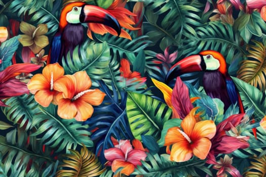 Tropical exotic pattern with animal and flowers in bright colors and lush vegetation. Ai Generative