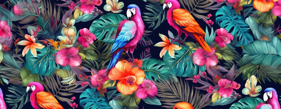 Tropical exotic pattern with animal and flowers in bright colors and lush vegetation. Ai Generative