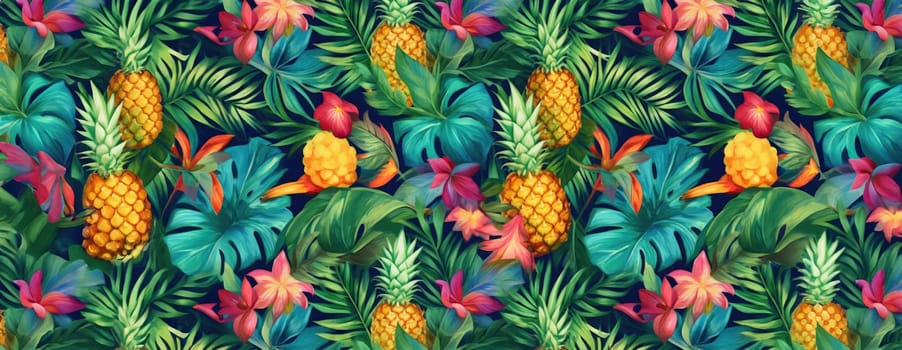 Tropical exotic pattern with animal and flowers in bright colors and lush vegetation. Ai Generative