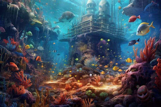 Tropical sea underwater fishes on coral reef. Aquarium oceanarium wildlife colorful marine panorama landscape nature snorkel diving. AI Generative