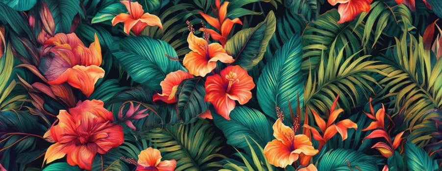 Tropical exotic pattern with animal and flowers in bright colors and lush vegetation. Ai Generative