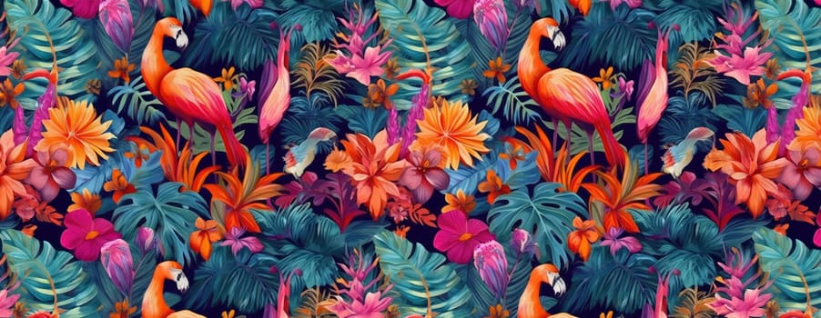 Tropical exotic pattern with animal and flowers in bright colors and lush vegetation. Ai Generative