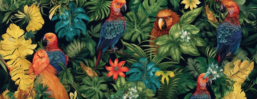 Tropical exotic pattern with animal and flowers in bright colors and lush vegetation. Ai Generative