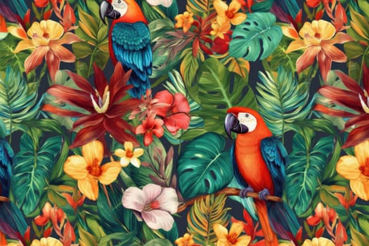 Tropical exotic pattern with animal and flowers in bright colors and lush vegetation. Ai Generative