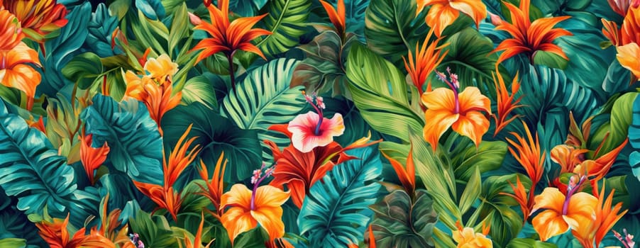 Tropical exotic pattern with animal and flowers in bright colors and lush vegetation. Ai Generative