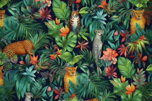 Tropical exotic pattern with animal and flowers in bright colors and lush vegetation. Ai Generative