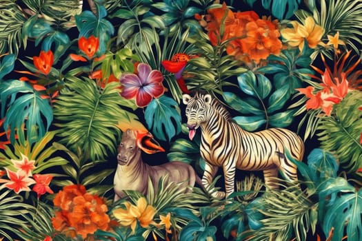 Tropical exotic pattern with animal and flowers in bright colors and lush vegetation. Ai Generative