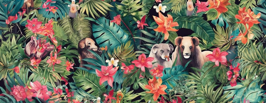 Tropical exotic pattern with animal and flowers in bright colors and lush vegetation. Ai Generative