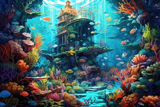 Tropical sea underwater fishes on coral reef. Aquarium oceanarium wildlife colorful marine panorama landscape nature snorkel diving. AI Generative