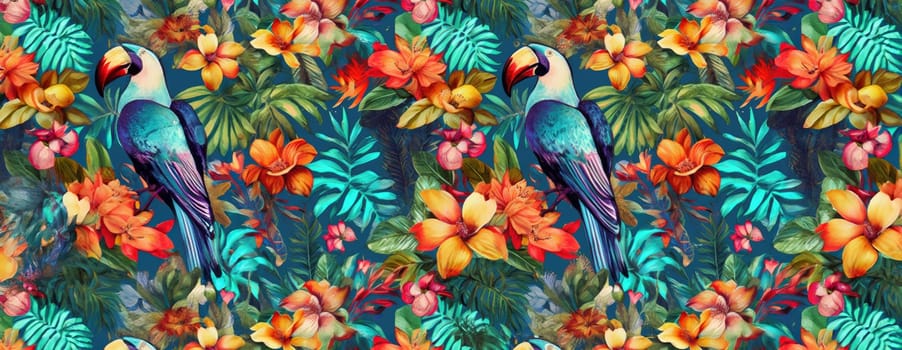 Tropical exotic pattern with animal and flowers in bright colors and lush vegetation. Ai Generative