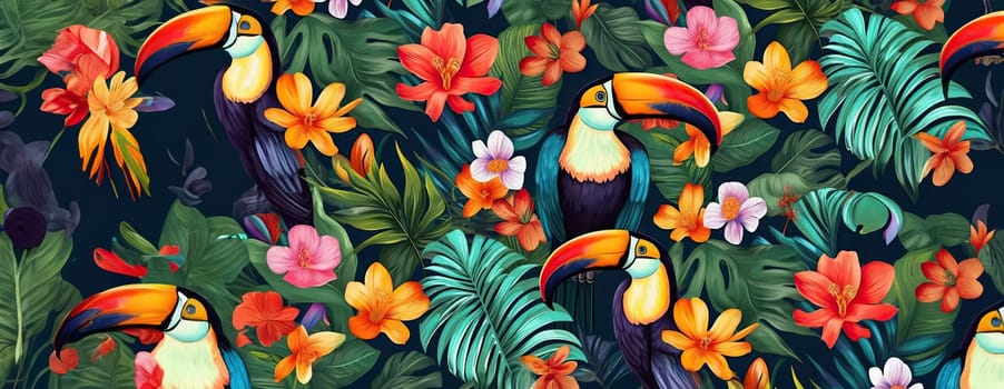 Tropical exotic pattern with animal and flowers in bright colors and lush vegetation. Ai Generative