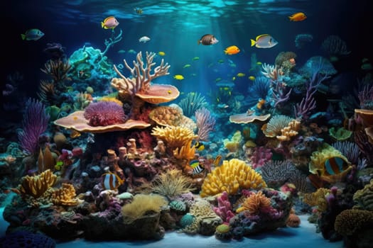 Tropical sea underwater fishes on coral reef. Aquarium oceanarium wildlife colorful marine panorama landscape nature snorkel diving. AI Generative