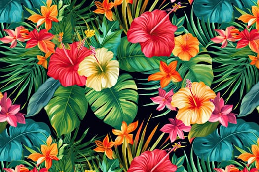 Tropical exotic pattern with animal and flowers in bright colors and lush vegetation. Ai Generative