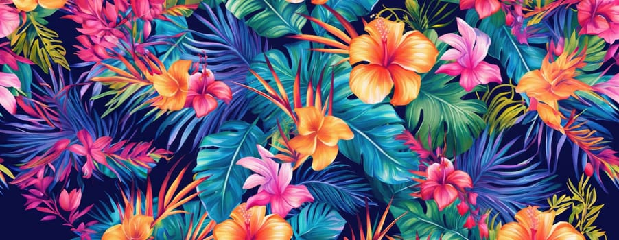 Tropical exotic pattern with animal and flowers in bright colors and lush vegetation. Ai Generative