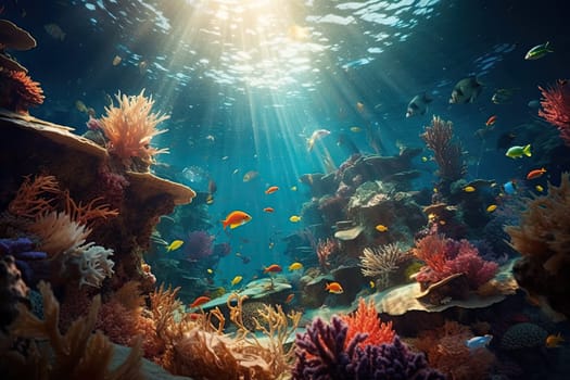 Tropical sea underwater fishes on coral reef. Aquarium oceanarium wildlife colorful marine panorama landscape nature snorkel diving. AI Generative
