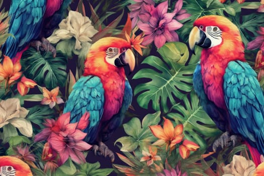 Tropical exotic pattern with animal and flowers in bright colors and lush vegetation. Ai Generative