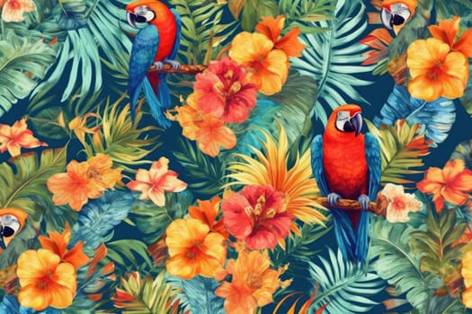 Tropical exotic pattern with animal and flowers in bright colors and lush vegetation. Ai Generative