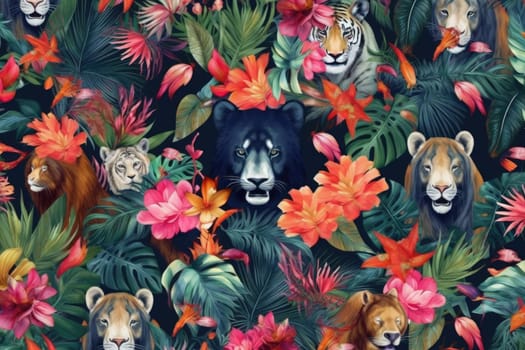 Tropical exotic pattern with animal and flowers in bright colors and lush vegetation. Ai Generative