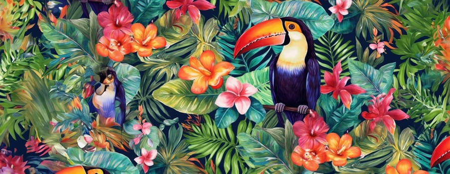 Tropical exotic pattern with animal and flowers in bright colors and lush vegetation. Ai Generative