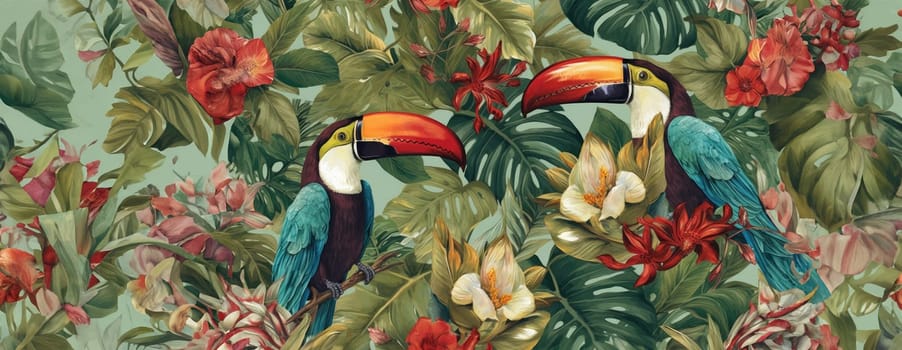 Tropical exotic pattern with animal and flowers in bright colors and lush vegetation. Ai Generative