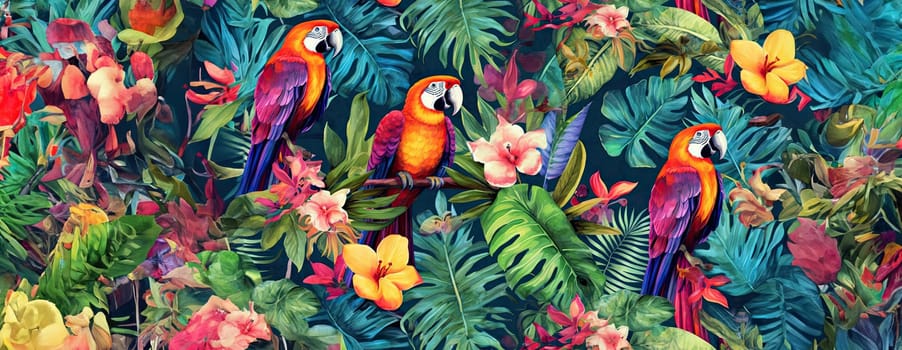 Tropical exotic pattern with animal and flowers in bright colors and lush vegetation. Ai Generative