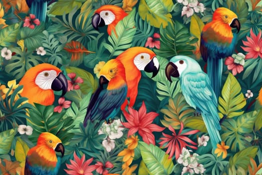 Tropical exotic pattern with animal and flowers in bright colors and lush vegetation. Ai Generative