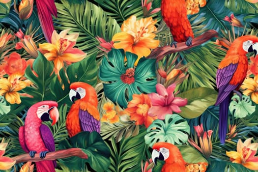 Tropical exotic pattern with animal and flowers in bright colors and lush vegetation. Ai Generative