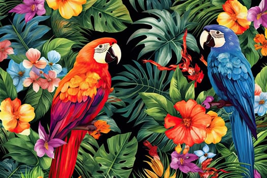 Tropical exotic pattern with animal and flowers in bright colors and lush vegetation. Ai Generative