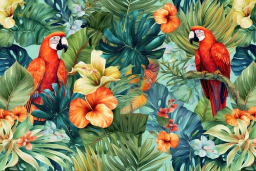 Tropical exotic pattern with animal and flowers in bright colors and lush vegetation. Ai Generative