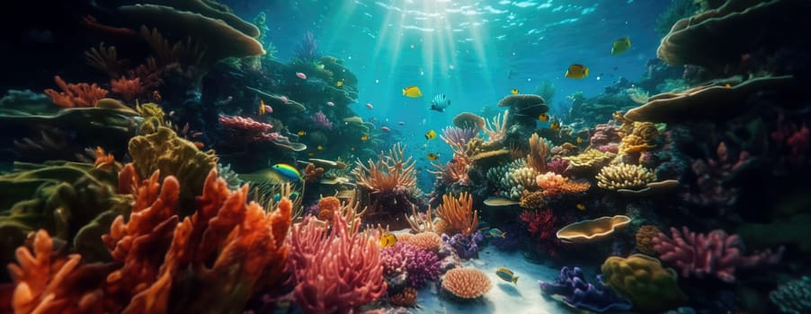 Tropical sea underwater fishes on coral reef. Aquarium oceanarium wildlife colorful marine panorama landscape nature snorkel diving. AI Generative