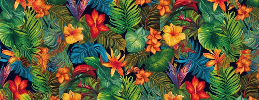 Tropical exotic pattern with animal and flowers in bright colors and lush vegetation. Ai Generative