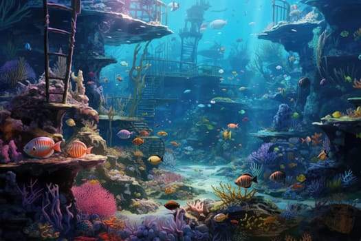 Tropical sea underwater fishes on coral reef. Aquarium oceanarium wildlife colorful marine panorama landscape nature snorkel diving. AI Generative