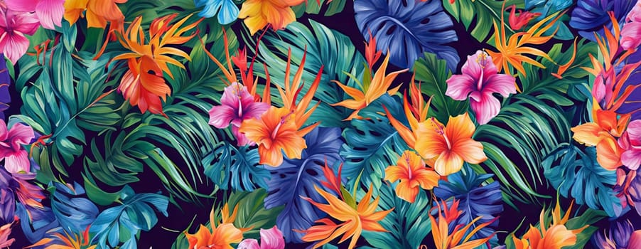 Tropical exotic pattern with animal and flowers in bright colors and lush vegetation. Ai Generative