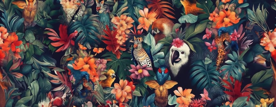 Tropical exotic pattern with animal and flowers in bright colors and lush vegetation. Ai Generative