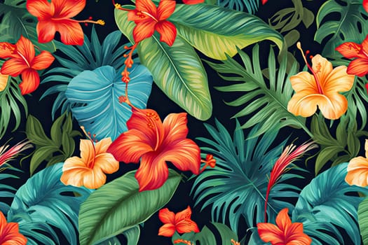 Tropical exotic pattern with animal and flowers in bright colors and lush vegetation. Ai Generative