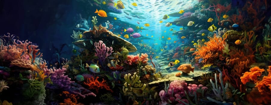 Tropical sea underwater fishes on coral reef. Aquarium oceanarium wildlife colorful marine panorama landscape nature snorkel diving. AI Generative