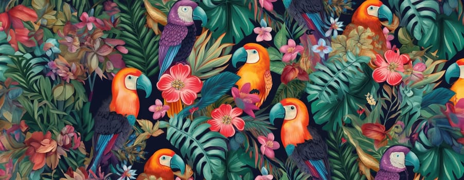 Tropical exotic pattern with animal and flowers in bright colors and lush vegetation. Ai Generative