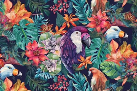Tropical exotic pattern with animal and flowers in bright colors and lush vegetation. Ai Generative