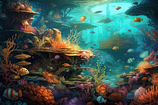 Tropical sea underwater fishes on coral reef. Aquarium oceanarium wildlife colorful marine panorama landscape nature snorkel diving. AI Generative