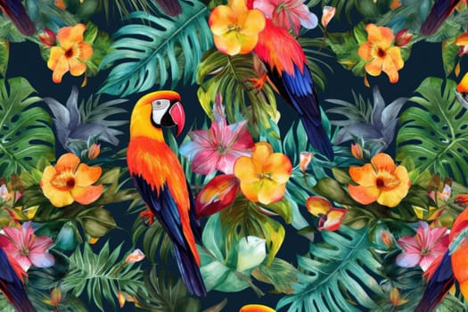 Tropical exotic pattern with animal and flowers in bright colors and lush vegetation. Ai Generative