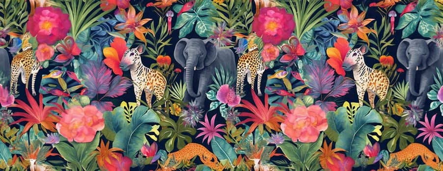 Tropical exotic pattern with animal and flowers in bright colors and lush vegetation. Ai Generative