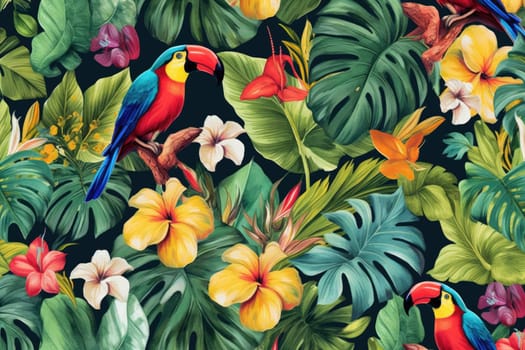 Tropical exotic pattern with animal and flowers in bright colors and lush vegetation. Ai Generative