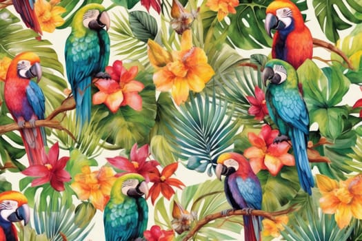 Tropical exotic pattern with animal and flowers in bright colors and lush vegetation. Ai Generative