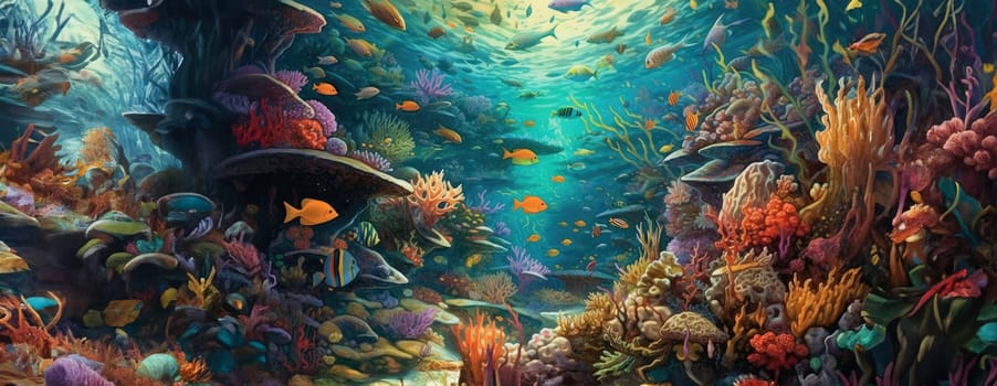 Tropical sea underwater fishes on coral reef. Aquarium oceanarium wildlife colorful marine panorama landscape nature snorkel diving. AI Generative