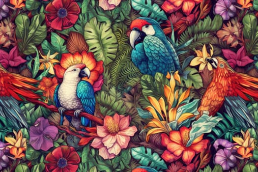 Tropical exotic pattern with animal and flowers in bright colors and lush vegetation. Ai Generative