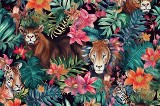 Tropical exotic pattern with animal and flowers in bright colors and lush vegetation. Ai Generative