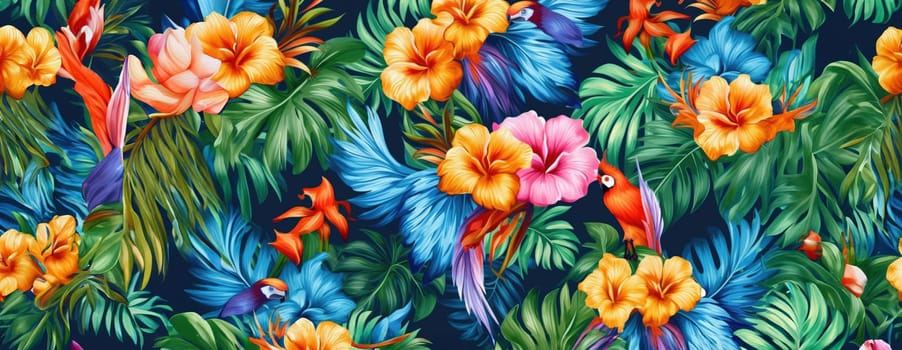 Tropical exotic pattern with animal and flowers in bright colors and lush vegetation. Ai Generative